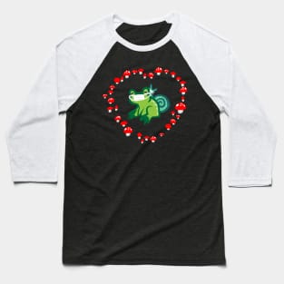 Red Mushroom Heart with Frog and Snail "Masked Goblincore Snuggles" Baseball T-Shirt